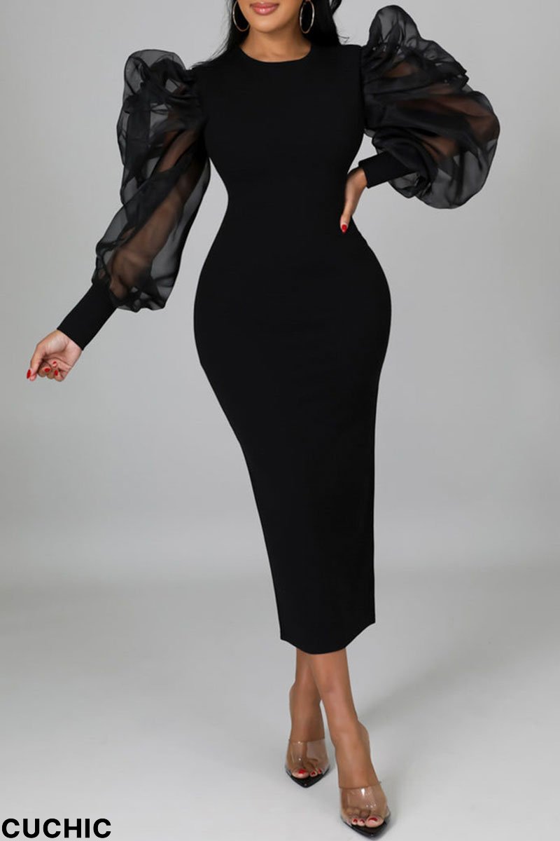 Black Fashion Casual Solid Patchwork O Neck Long Sleeve Dresses-CuChic