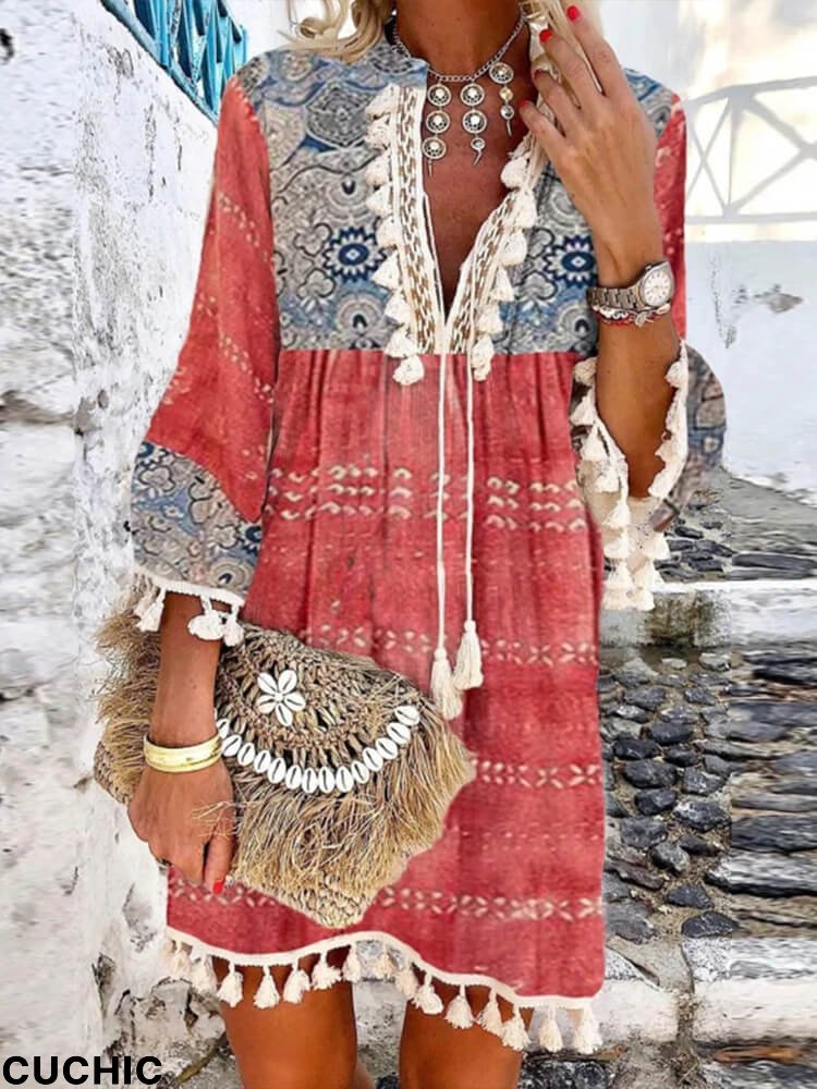 Bohemian Tassel Drawstring Autumn Red Short Dress