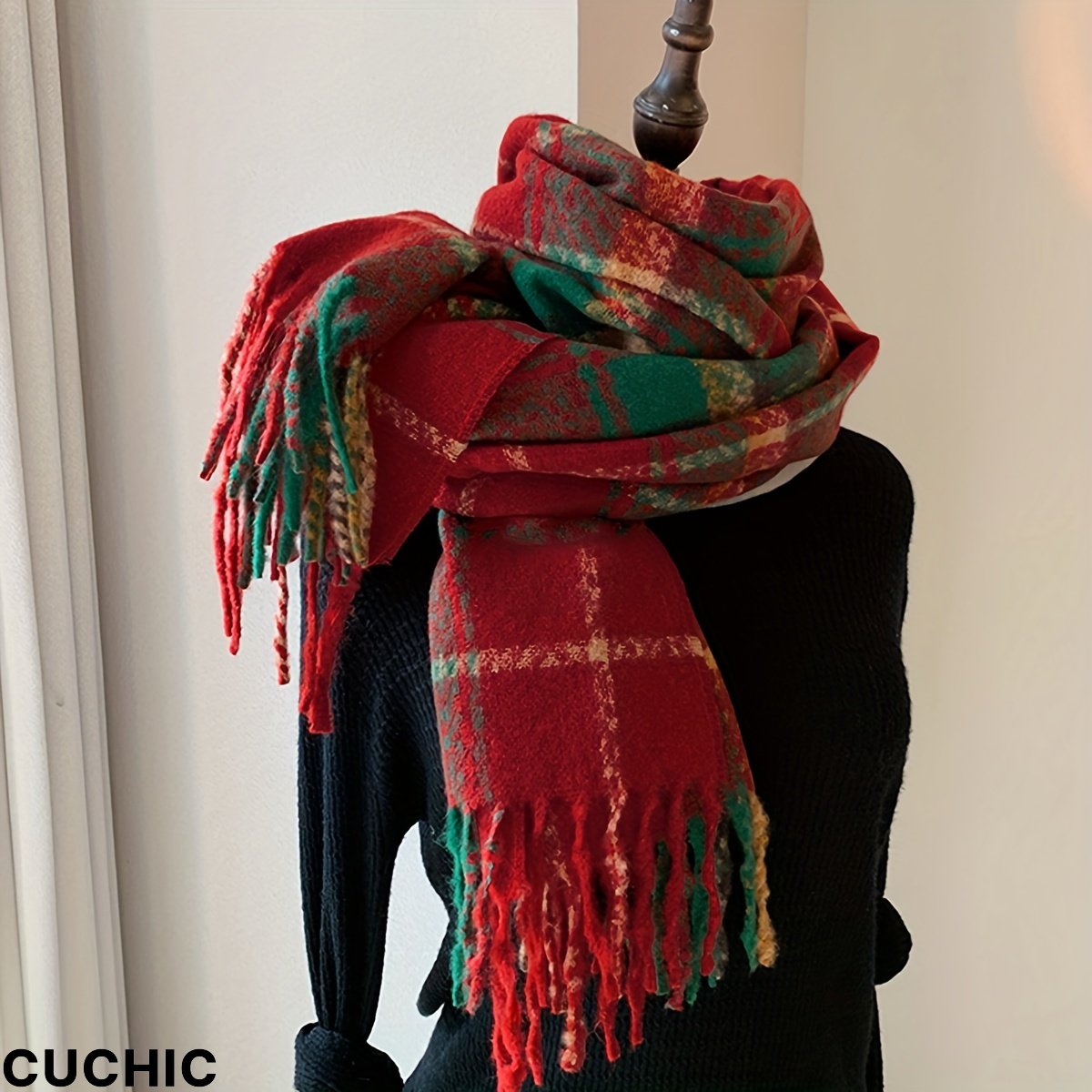 Christmas Red Plaid Large Scarf Imitation Cashmere Soft Cozy Tassel Shawl Women's Stylish Autumn Winter Coldproof Warm Neck Protective Scarf