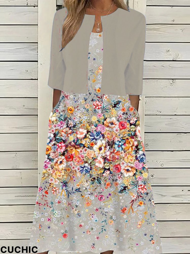 Fashionmigo Floral Printed Half Sleeve O-Neck Two Piece Dress