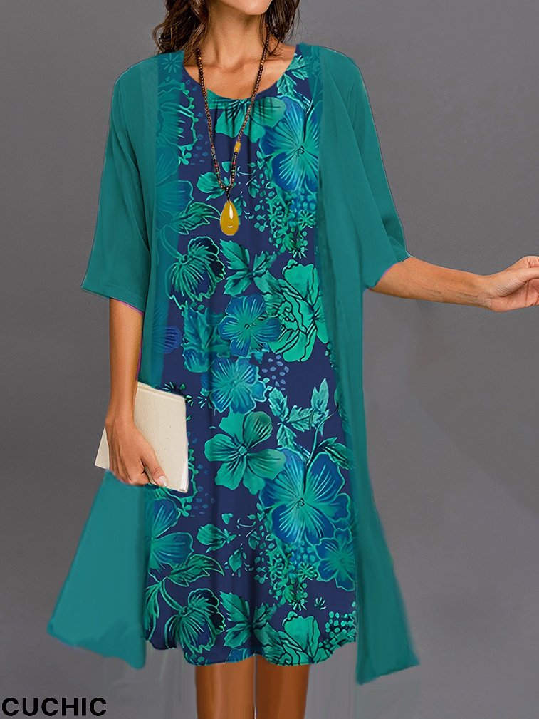 Fashionmigo Floral Printed Round Neck Dress With Coat Two-Piece Set
