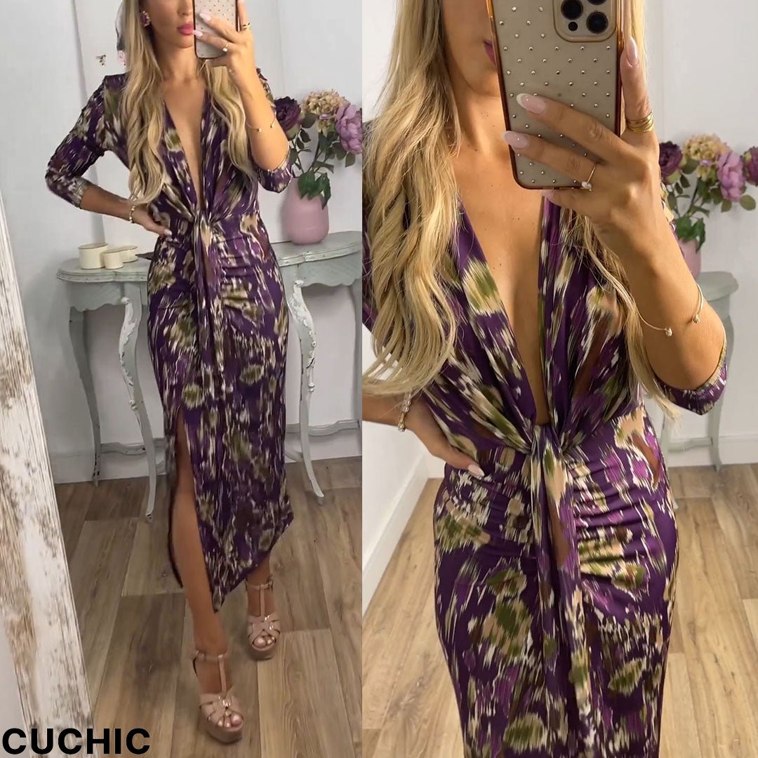 Deep V Neck Ruched Slit Midi Printed Dress