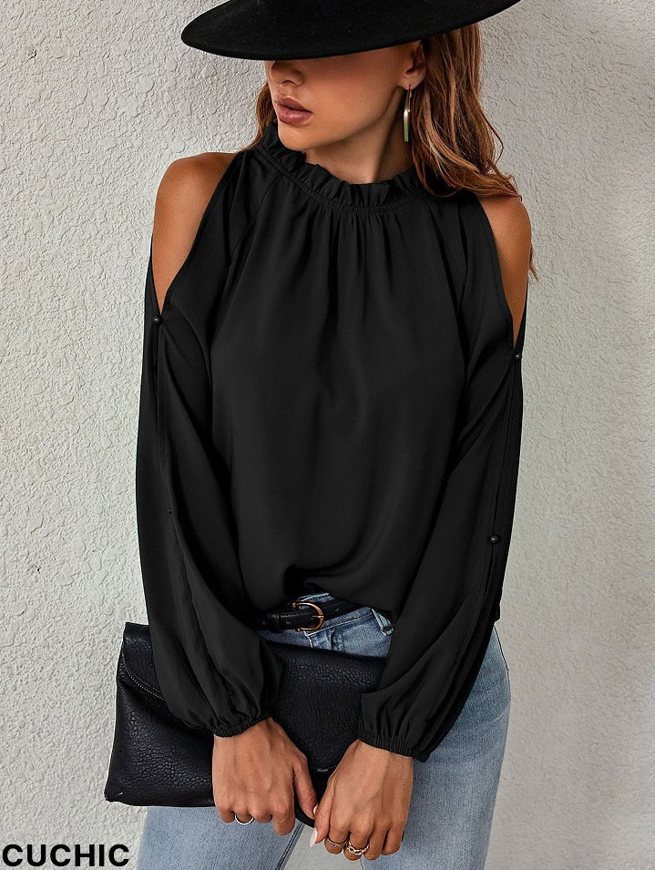 Elegant Fashion Round Neck Solid Color Ruffle Off Shoulder Blouses & Shirts