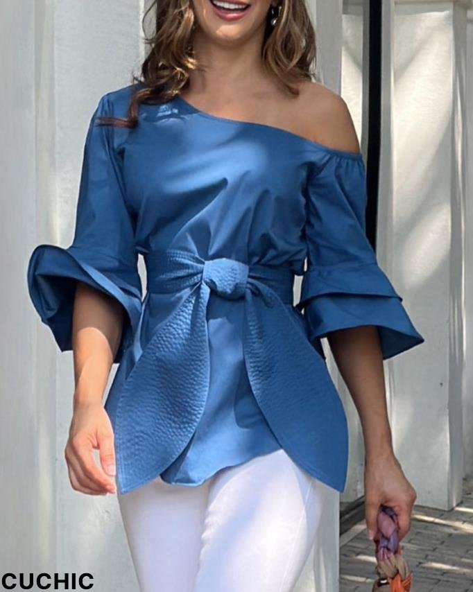 Fashion Casual Cold Shoulder Stacked Sleeve Solid Color Everyday Three Quarter Blouses & Shirts