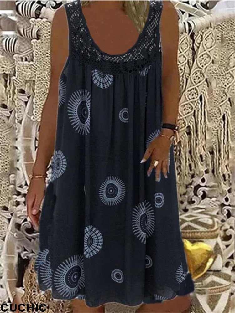 Fashion Elegant Vintage Geometric Print Loose Casual Dress