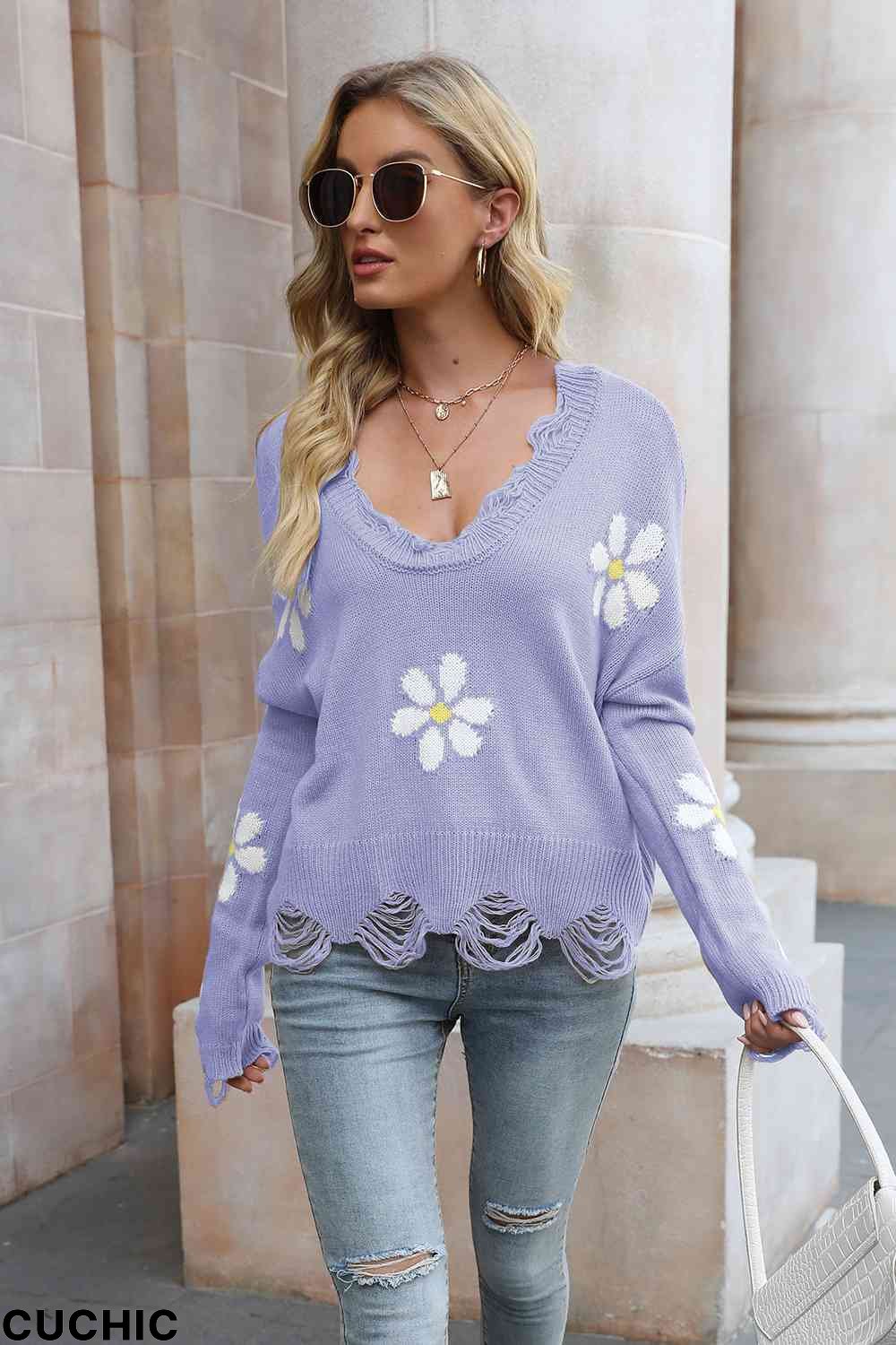 Flower Distressed Long Sleeve Sweater