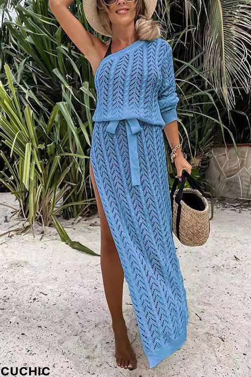 Fashionmigo One Shoulder Long Sleeve High Split Hollow Out Beach Dress