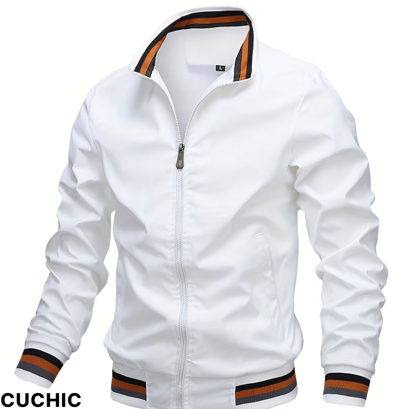 Stripe Edge Bomber Jacket, Men's Casual Stand Collar Zip Up Jacket For Spring Fall Outdoor