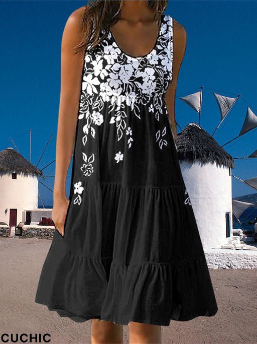 Women's Summer Sleeveless Scoop Neck Flower Print Casual Dress