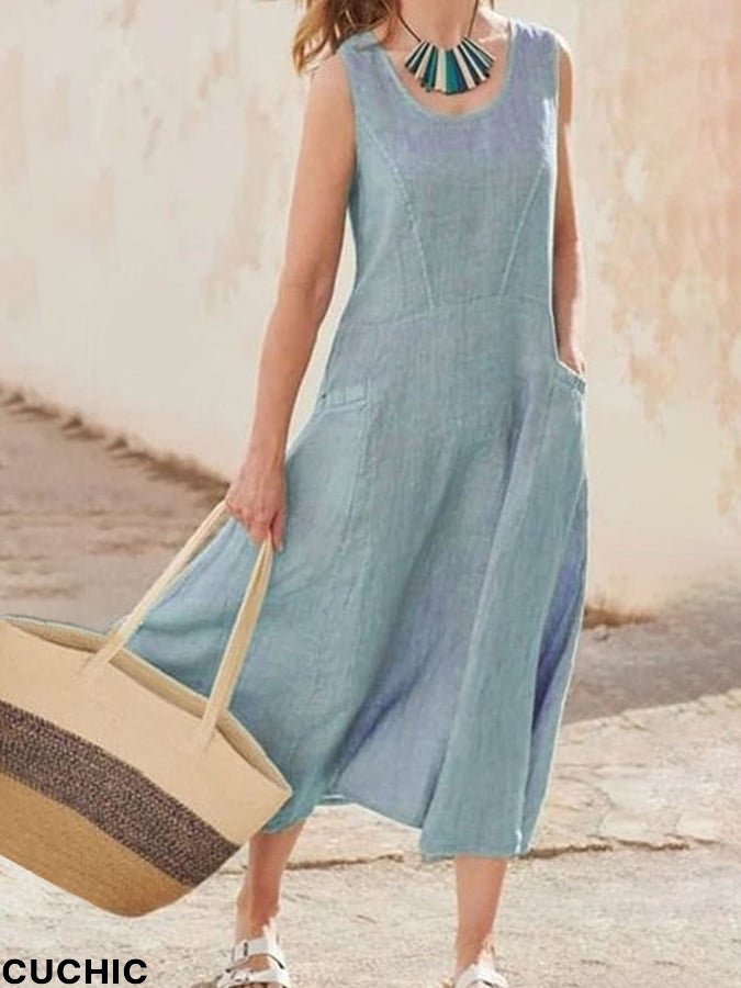 Women's Casual Pure Color Sleeveless Cotton Dress
