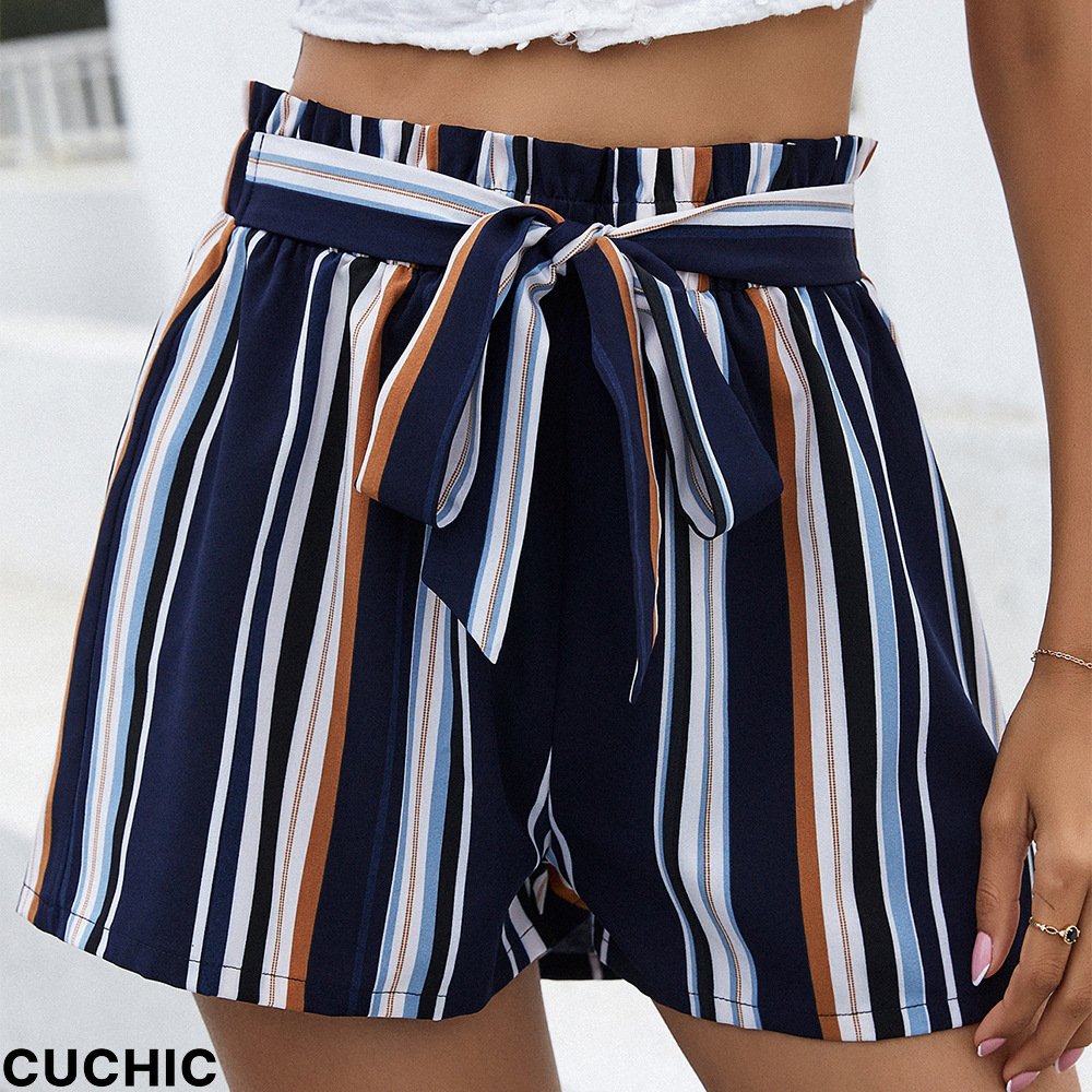 Women's High Waist Lace-up Multicolor Stripe Stitching Shorts