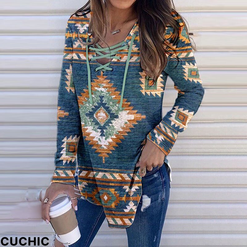 Womens Print Lace-up Casual Long Sleeve Loose Sweatshirts