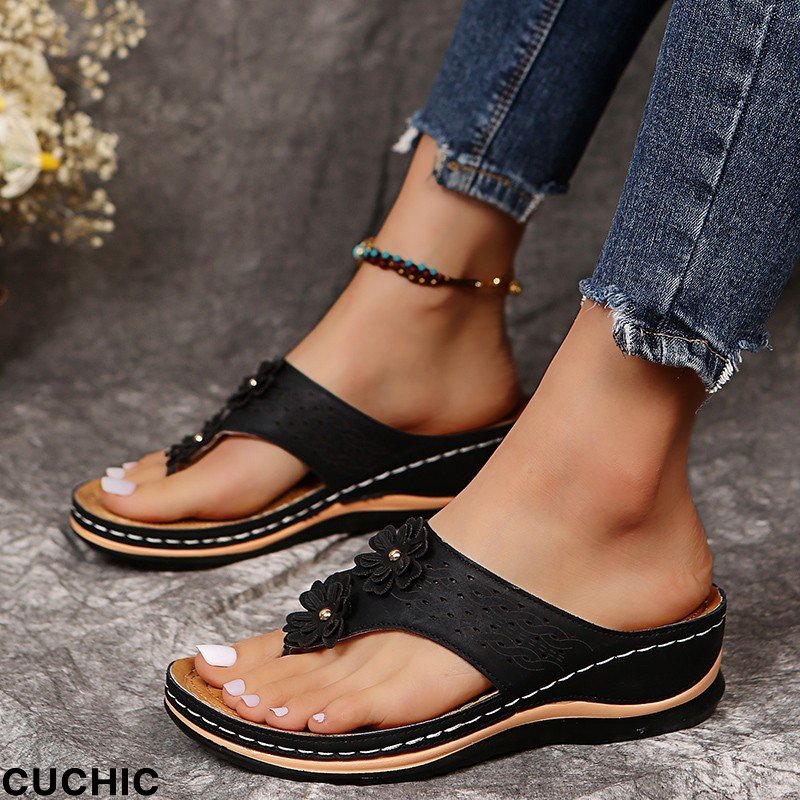 Women's Retro Wedge Flip Flops Outdoor Casual Thick Sole Non-slip Beach Sandals Slippers