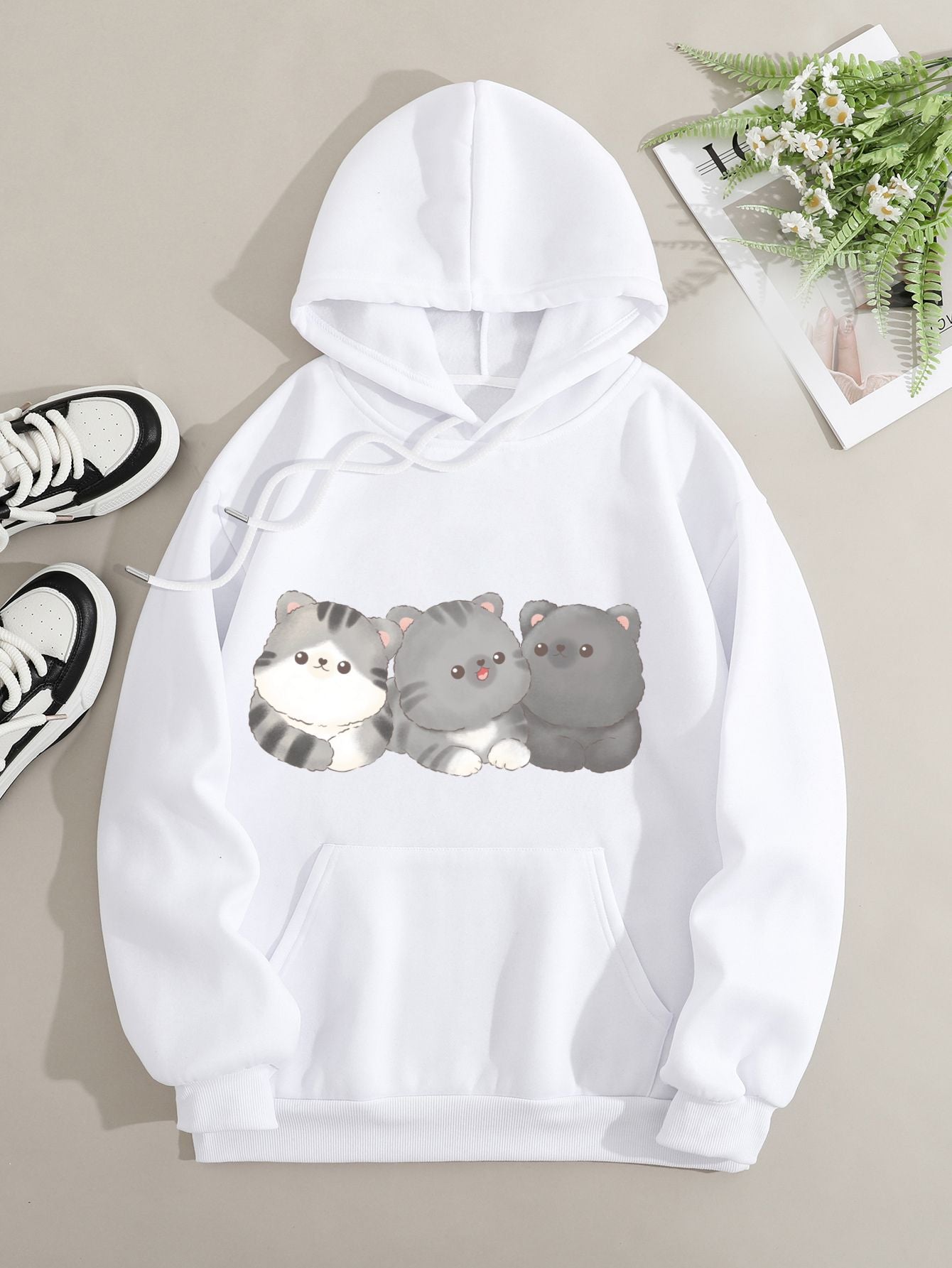 Printed on front Kangaroo Pocket Hoodie Long Sleeve for Women Pattern  Gray Kittens