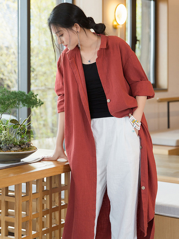 Artistic Retro Loose Simple Casual Solid Color Ramie Trench Coat