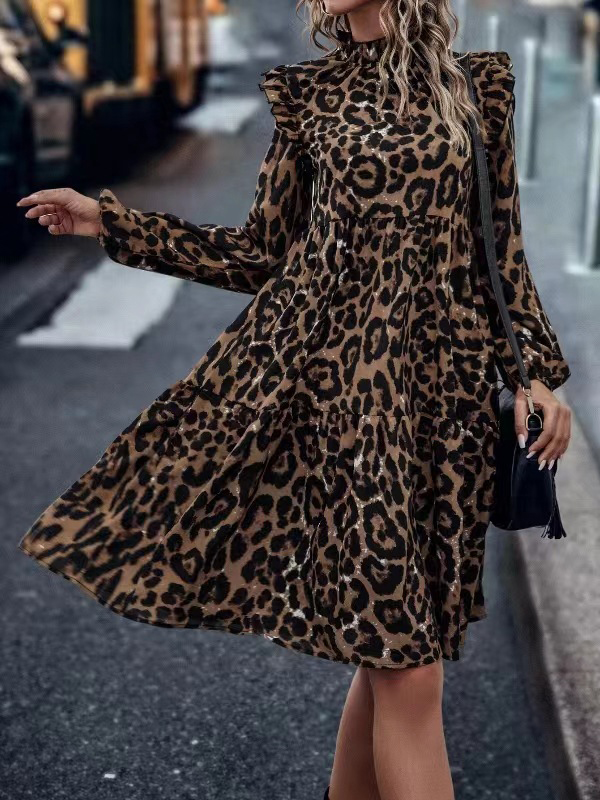 Loose Puff Sleeves Leopard Pleated Split-Joint Stand Collar Midi Dresses