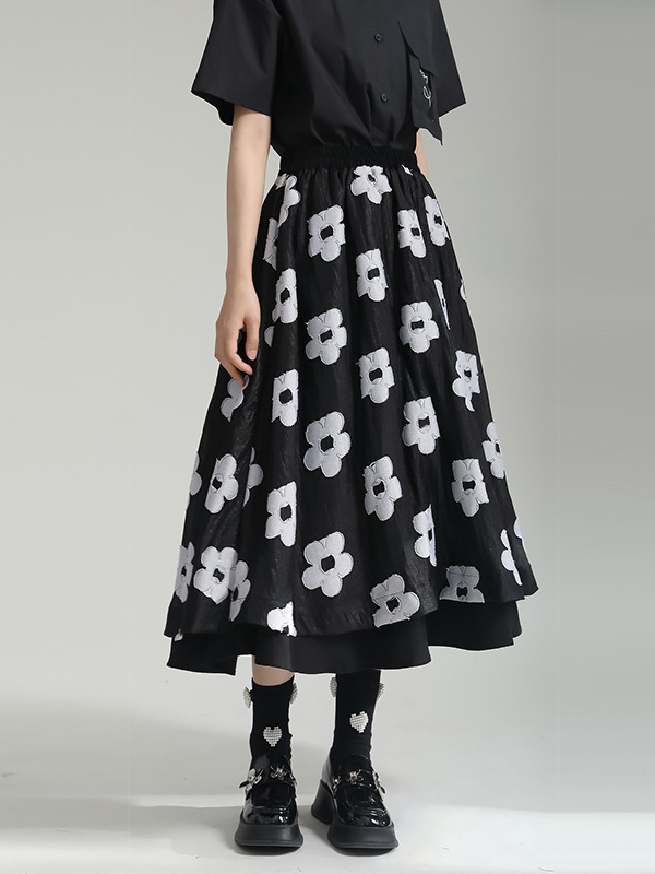 A-Line Loose Flower-Embellished Contrast Color Split-Joint Skirts Bottoms