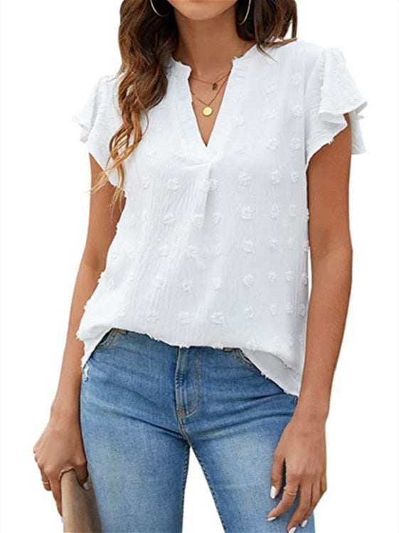 Women's Dot Printed Short Sleeve V-neck Chiffon Shirt Top