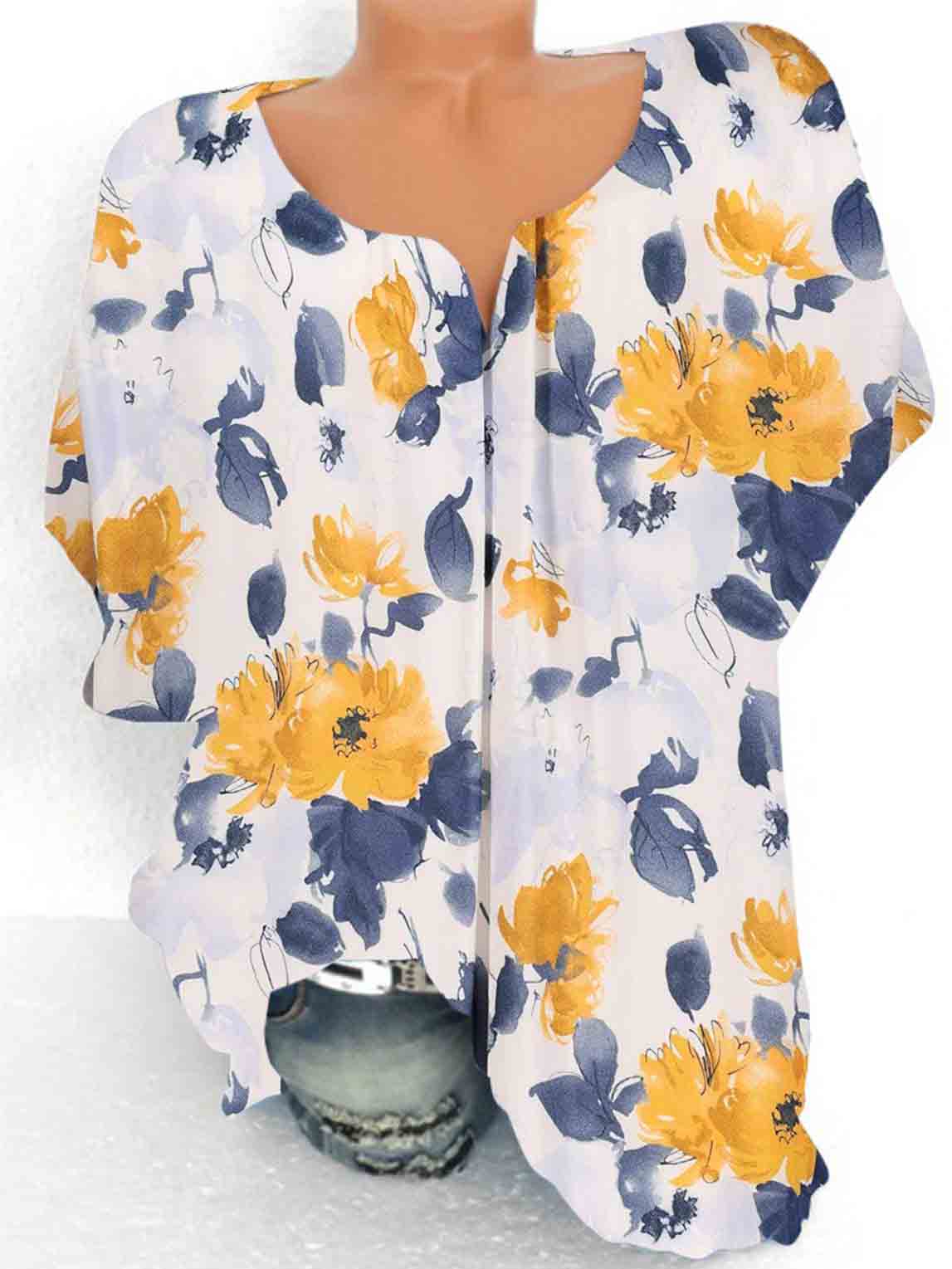 Women Round Neck Short Sleeve T-shirt Floral Printed Top