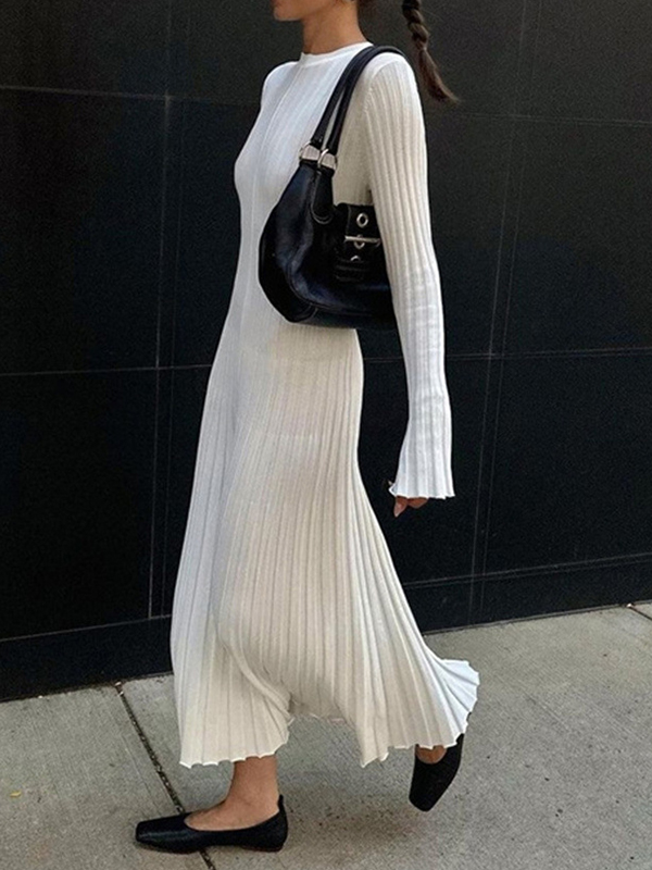 Flared Sleeves Skinny Pleated Solid Color Maxi Sweater Dresses