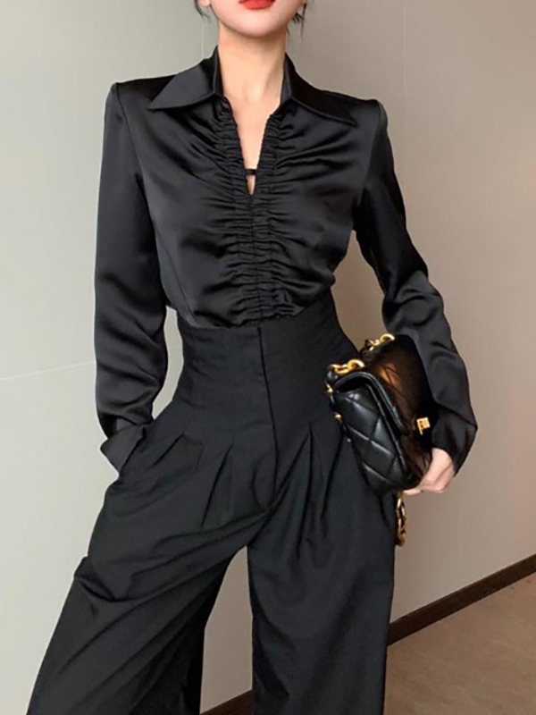 Long Sleeves Skinny Pleated Solid Color Lapel Pants Set Two Pieces Set