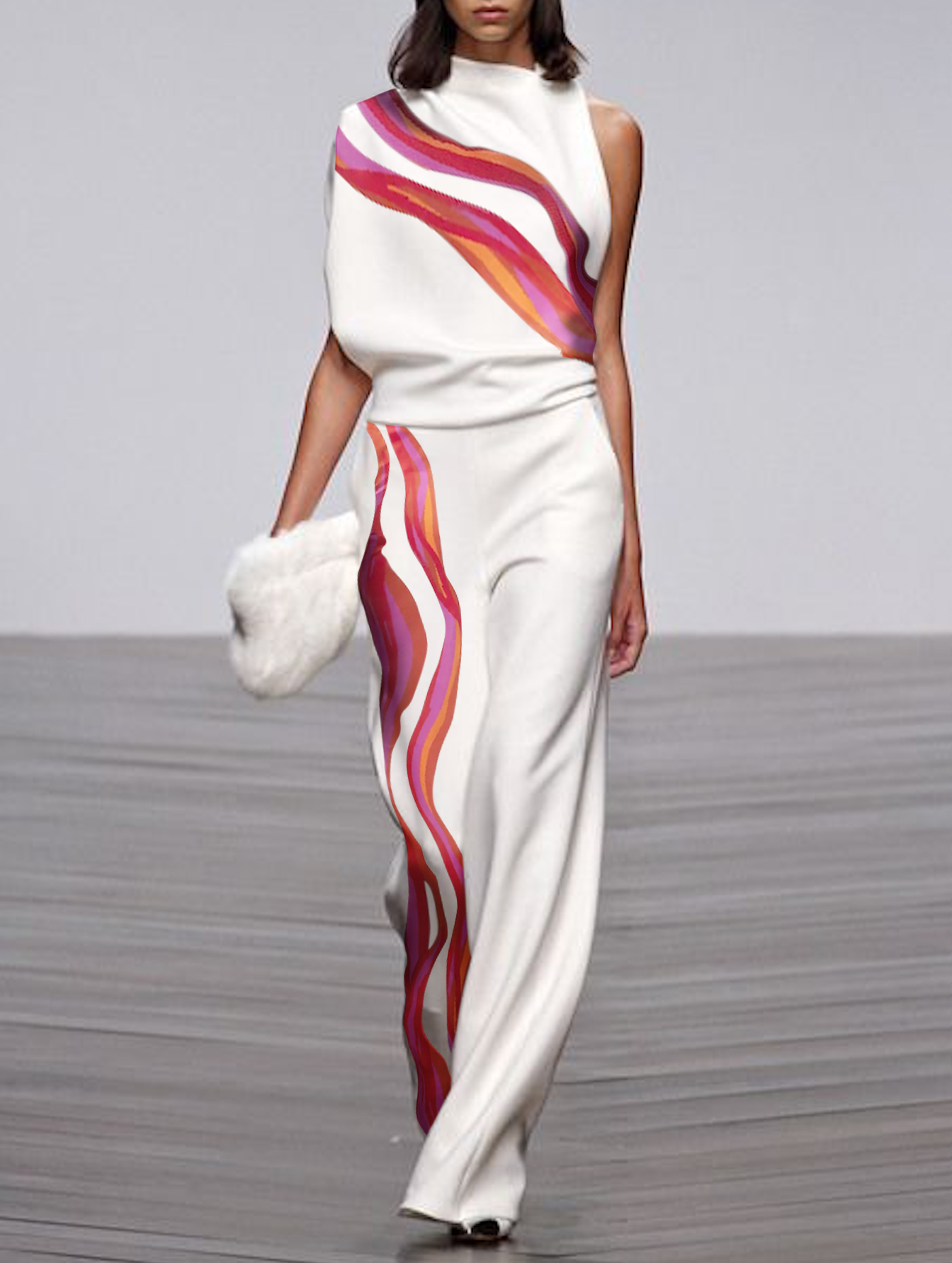 Loose Sleeveless Asymmetric Printed Striped One-Shoulder Suits Two Pieces Set