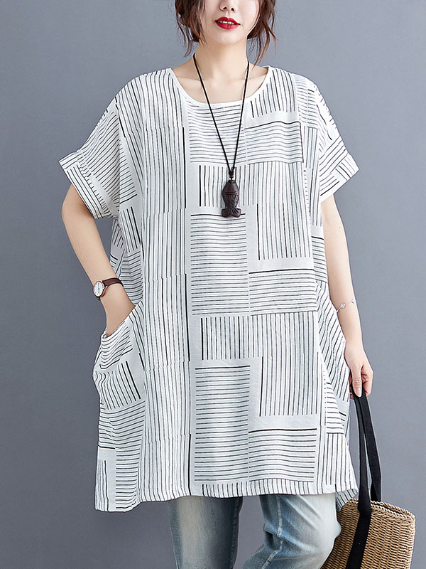 Loose Short Sleeves Striped Round-Neck T-Shirts