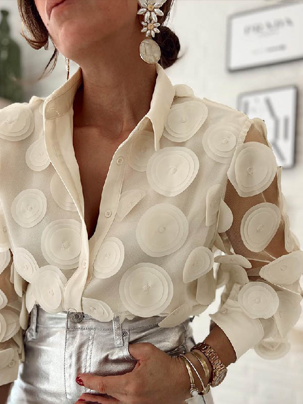 Long Sleeves Loose Buttoned Mesh Polka-Dot Split-Joint Lapel Blouses&Shirts Tops
