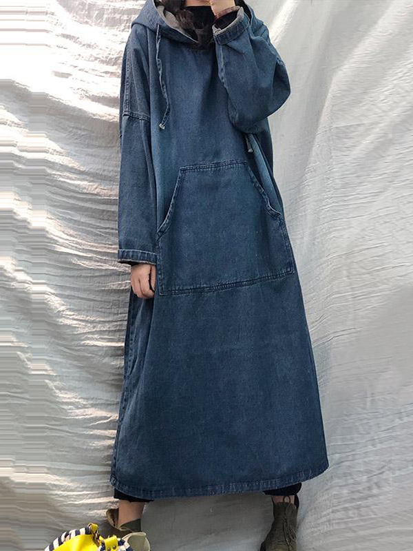 Vintage Loose Denim Drawstring Hooded Midi Dress