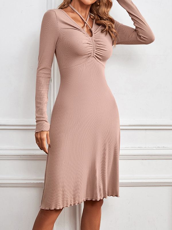 A-Line High Waisted Pleated Solid Color Deep V-Neck Midi Dresses