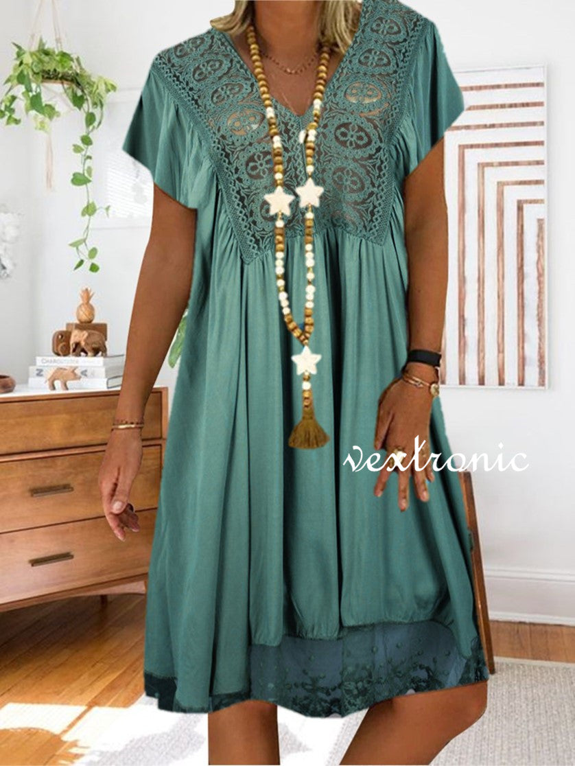 Women Short Sleeve V-neck Lace Midi Dress