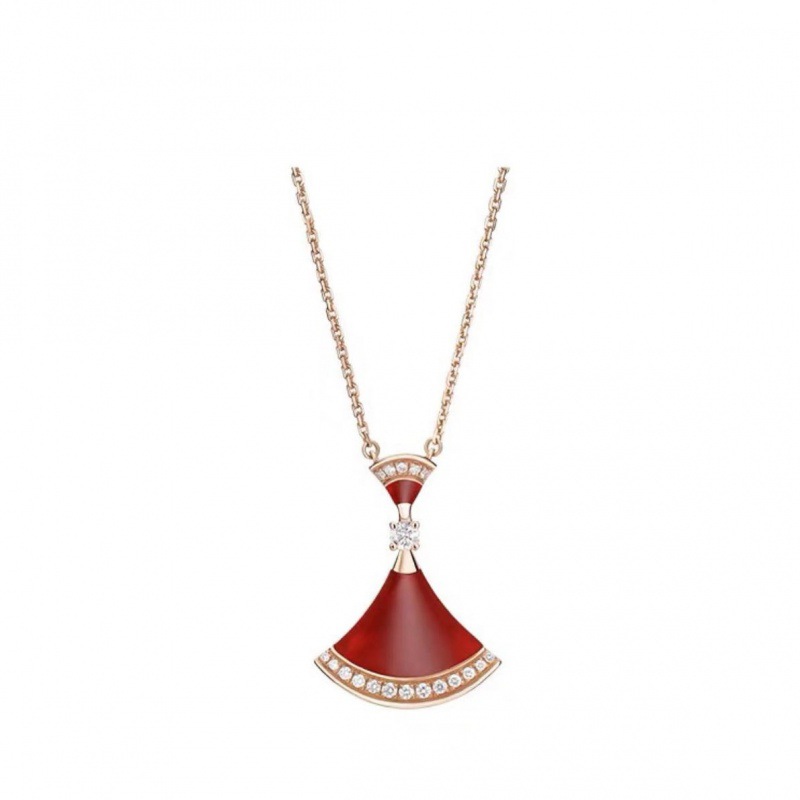 Sector Fan Double Layer Pendant Necklace | 925 Sterling Silver Gold Plated | White Mother of Pearl & Red Carnelian | Pave Diamond Accents