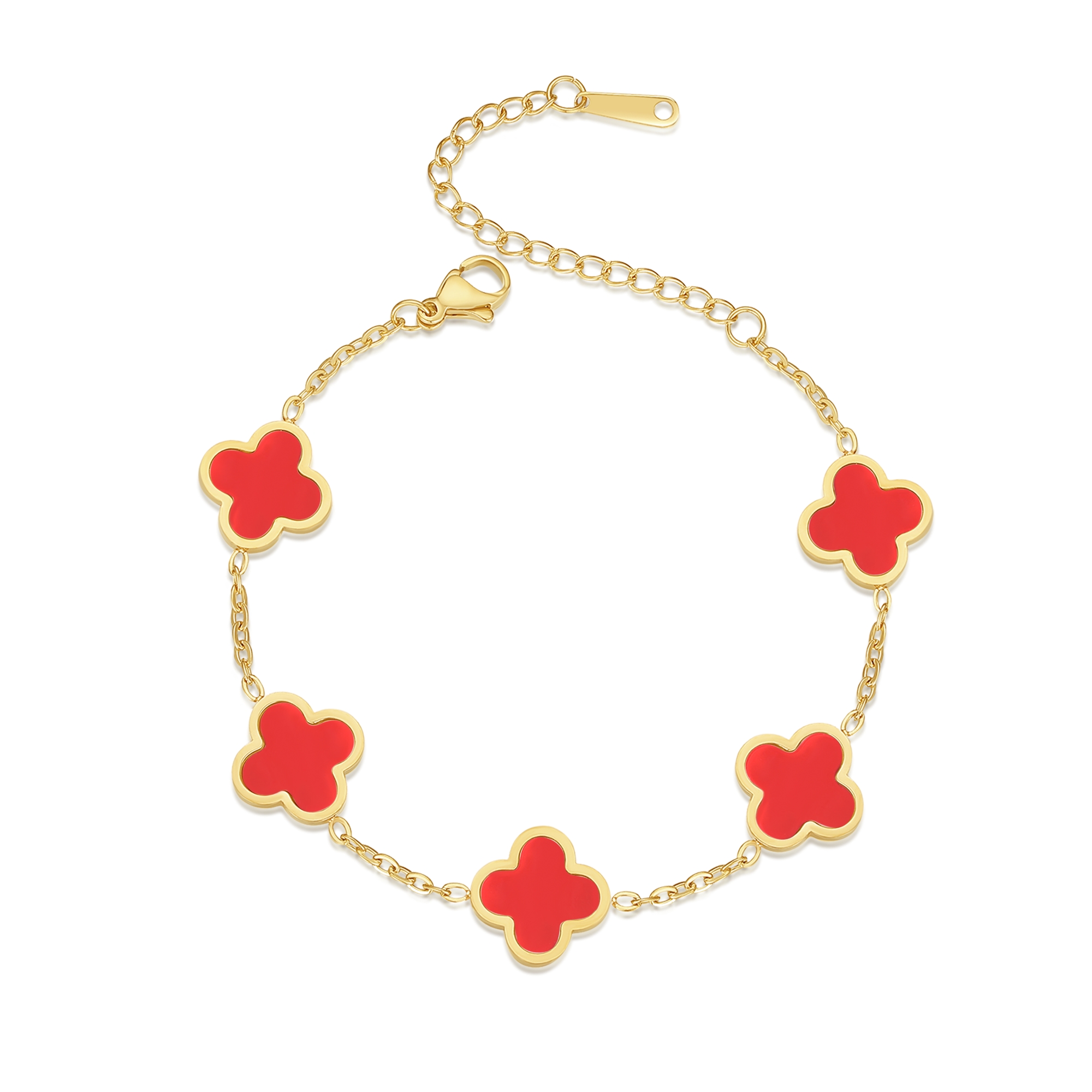 Lucky Four-Leaf Clover Bracelet: Natural Red Carnelian, Purple Jade & Mother-of-Pearl - Light Luxury Women's Jewelry