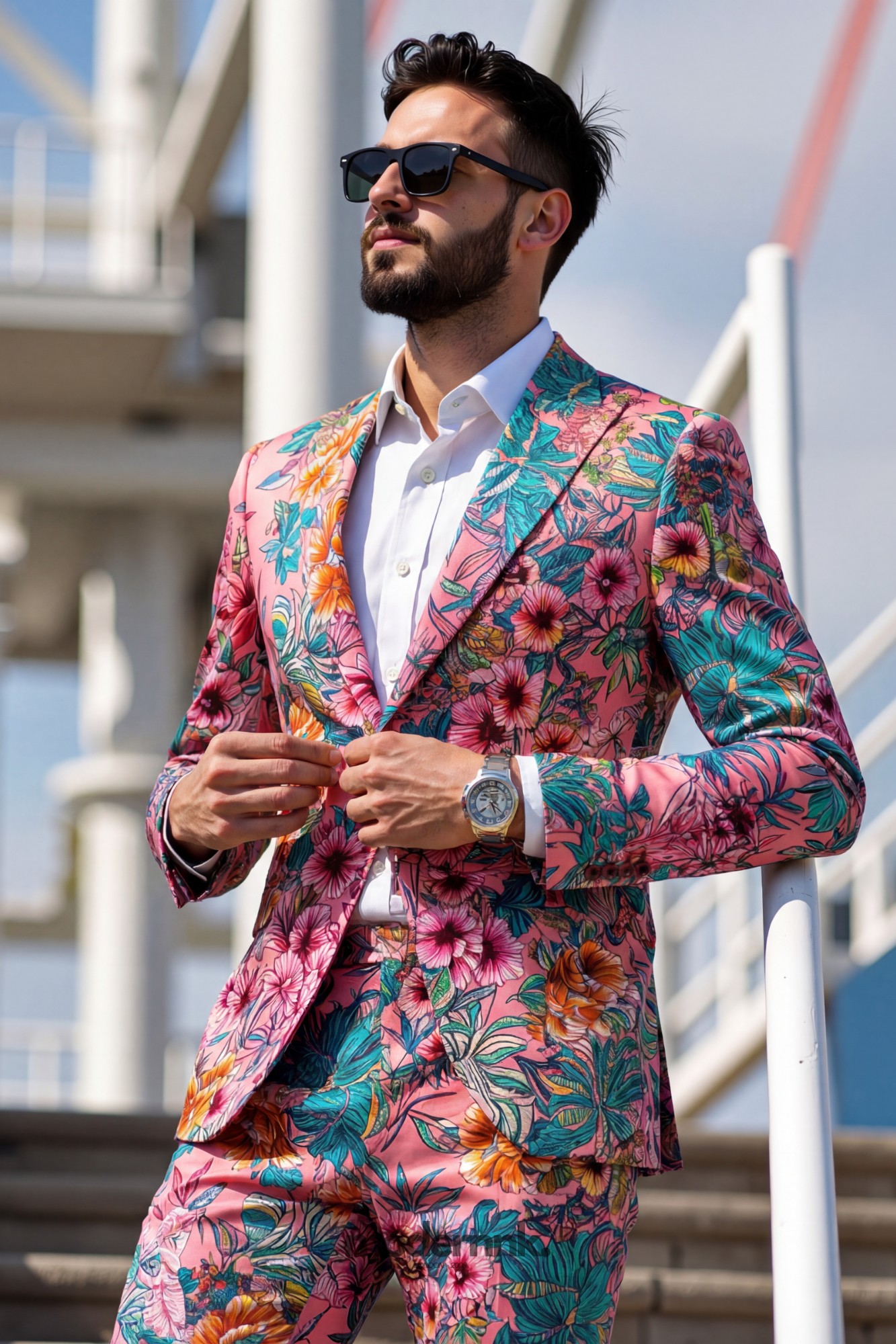 Vibrant Floral Pink Tropical Print Suit A0145