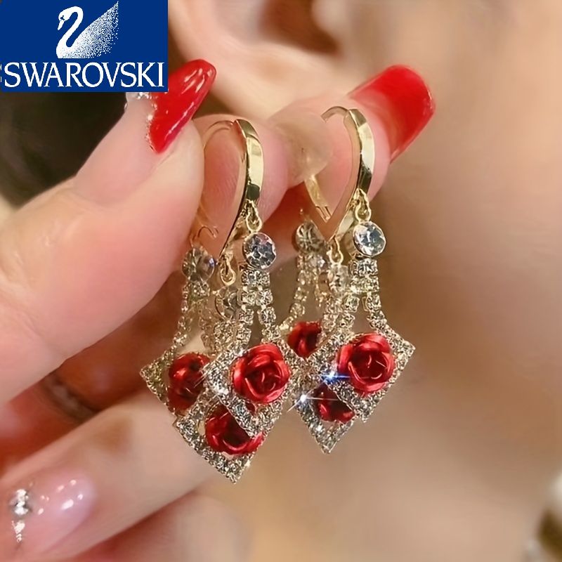 【Swarovski】Zircon strălucitor în formă de romb, încrustat cu țesătură roșie/violet, decor de trandafiri, cercei suspendați, stil elegant de lux, cadou feminin la modă