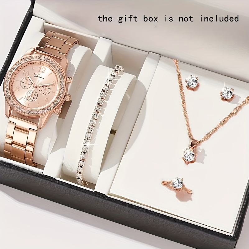 5 τεμάχια/σετ γυναικεία ρολόγια ρολόι με κρύσταλλο πολυτελείας και σετ κοσμημάτων, το τέλειο δώρο για το 2024