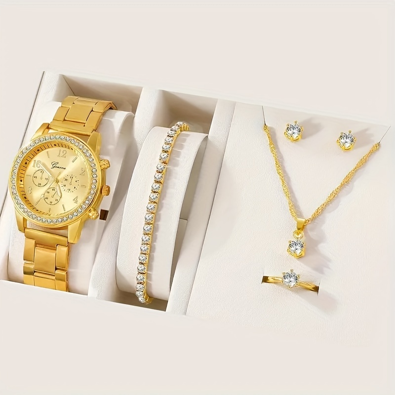 5 τεμάχια/σετ γυναικεία ρολόγια ρολόι με κρύσταλλο πολυτελείας και σετ κοσμημάτων, το τέλειο δώρο για το 2024