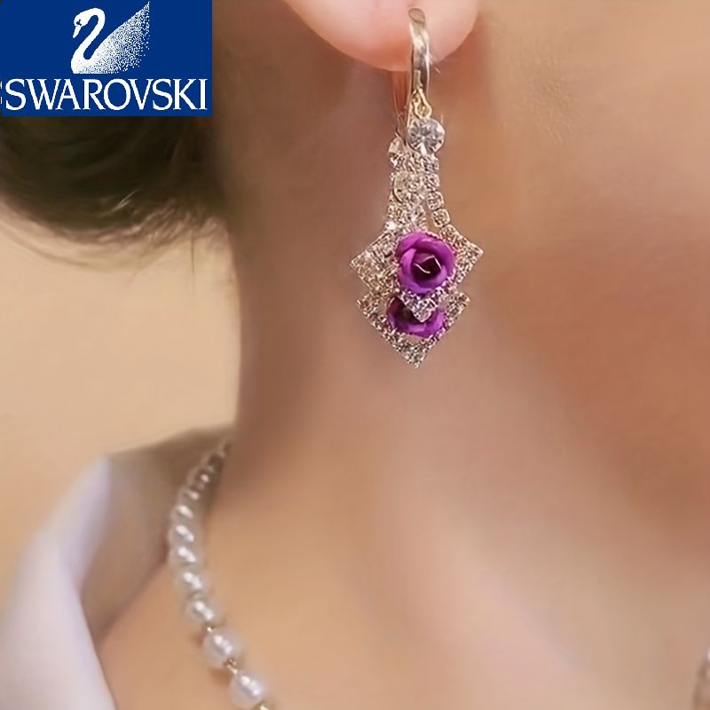 【Swarovski】Zircon strălucitor în formă de romb, încrustat cu țesătură roșie/violet, decor de trandafiri, cercei suspendați, stil elegant de lux, cadou feminin la modă