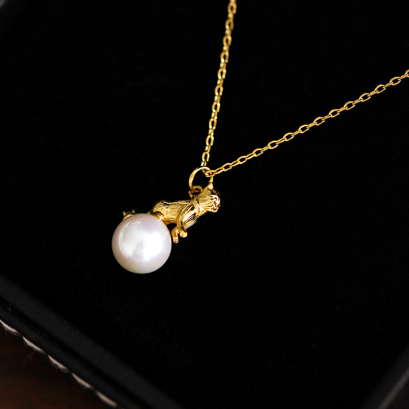 💞Colier pisică din aur solid de 14K, colier din aur cu perle pentru femei, colier cu pandantiv rafinat