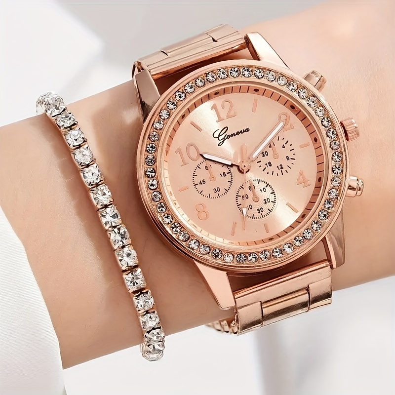 5 τεμάχια/σετ γυναικεία ρολόγια ρολόι με κρύσταλλο πολυτελείας και σετ κοσμημάτων, το τέλειο δώρο για το 2024