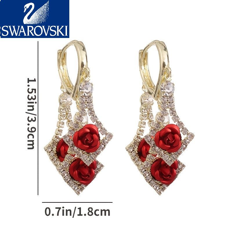 【Swarovski】Zircon strălucitor în formă de romb, încrustat cu țesătură roșie/violet, decor de trandafiri, cercei suspendați, stil elegant de lux, cadou feminin la modă