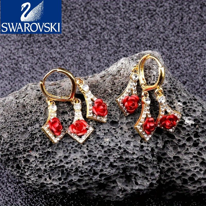 【Swarovski】Zircon strălucitor în formă de romb, încrustat cu țesătură roșie/violet, decor de trandafiri, cercei suspendați, stil elegant de lux, cadou feminin la modă