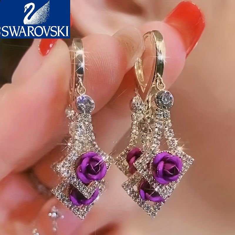【Swarovski】Zircon strălucitor în formă de romb, încrustat cu țesătură roșie/violet, decor de trandafiri, cercei suspendați, stil elegant de lux, cadou feminin la modă