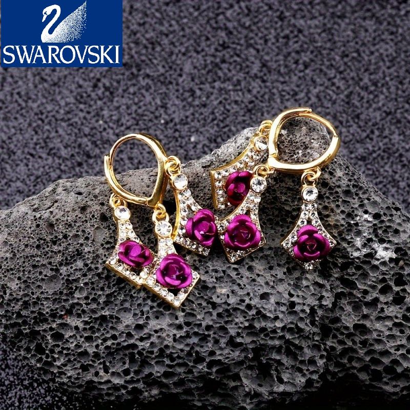【Swarovski】Zircon strălucitor în formă de romb, încrustat cu țesătură roșie/violet, decor de trandafiri, cercei suspendați, stil elegant de lux, cadou feminin la modă