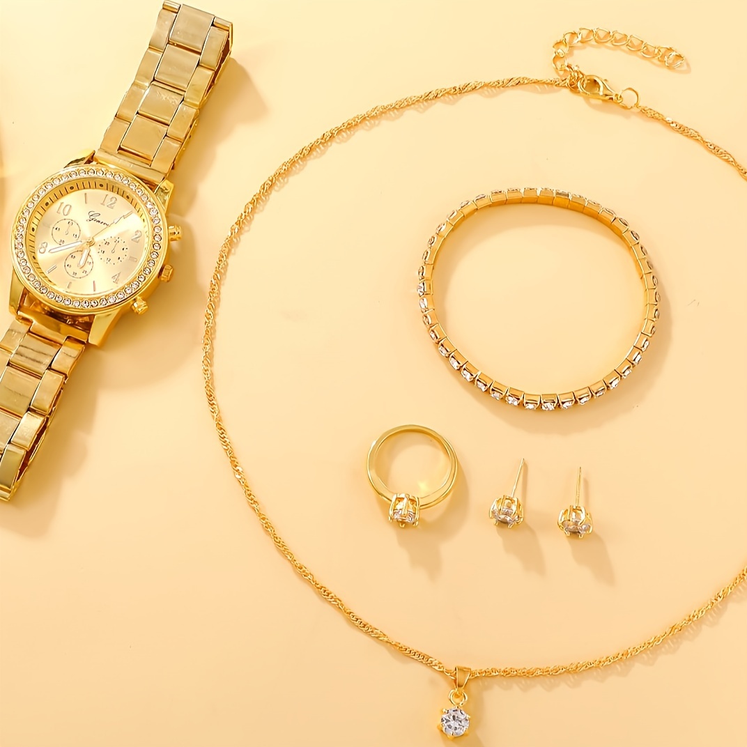 5 τεμάχια/σετ γυναικεία ρολόγια ρολόι με κρύσταλλο πολυτελείας και σετ κοσμημάτων, το τέλειο δώρο για το 2024