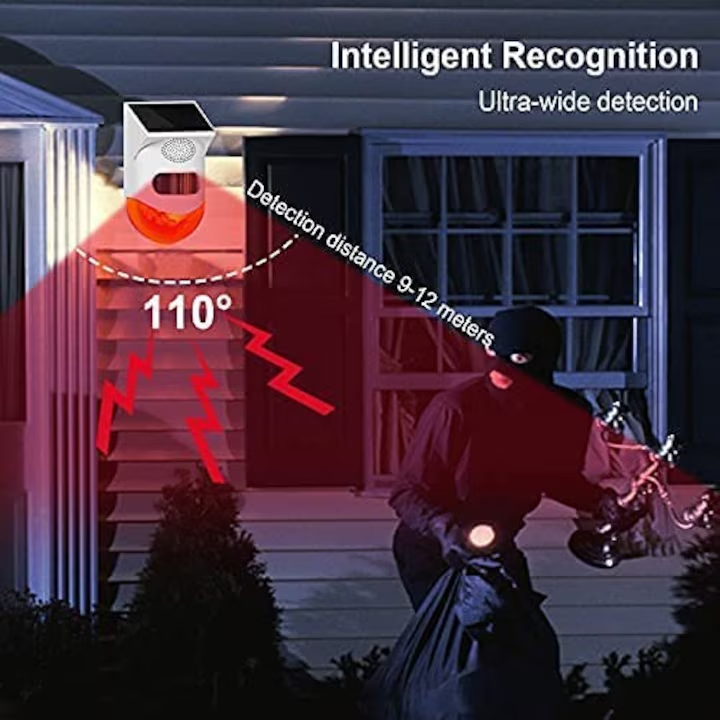 Kit Alarma Solara cu Senzor de Miscare, Sirena de alarma in aer liber cu telecomanda 120 db Lumina sirena de securitate fonica IP65 rezistenta la apa pentru casa, ferma, hambar, vila, curte, WALALLA