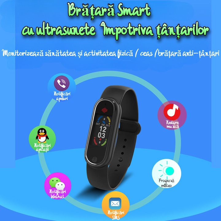Bratara anti-tantari cu Ultrasunete si Bratara fitness Smart VENTLEX 2 in 1, Ceas digital, 3 Moduri anti-tantari, Compatibil Android si iOS, Conectivitate Bluetooth, Monitorizarea somnului, Numarului de Pasi, Impermeabil IP65, Incarcare USB, Unisex, Negru