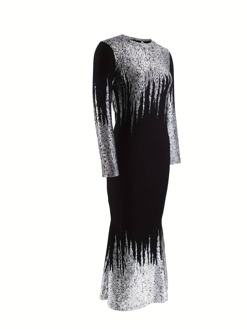 Rochie bodycon cu imprimeu bronzat, rochie eleganta cu maneca lunga cu decolteu, imbracaminte de dama detalii 5