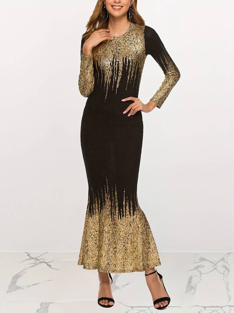 Rochie bodycon cu imprimeu bronzat, rochie eleganta cu maneca lunga cu decolteu, imbracaminte de dama detalii 7