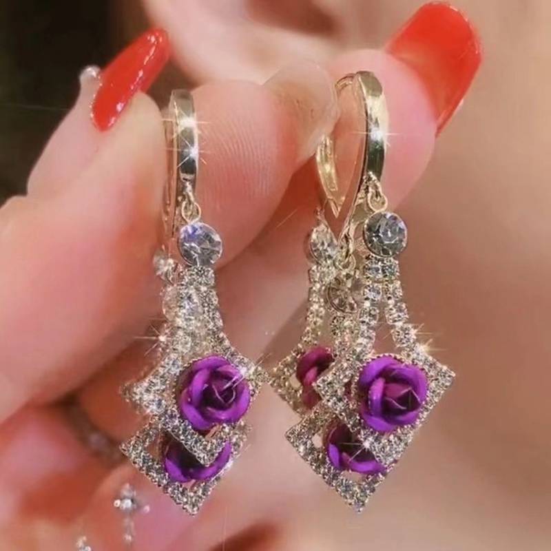 Zircon strălucitor &icirc;n formă de romb, &icirc;ncrustat cu țesătură roșie/violet, decor de trandafiri, cercei suspendați, stil elegant de lux, cadou feminin la modă detalii 5
